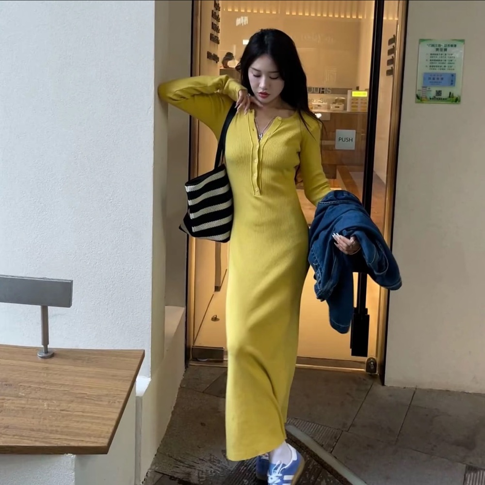 Yellow Ribbed Knit Dress